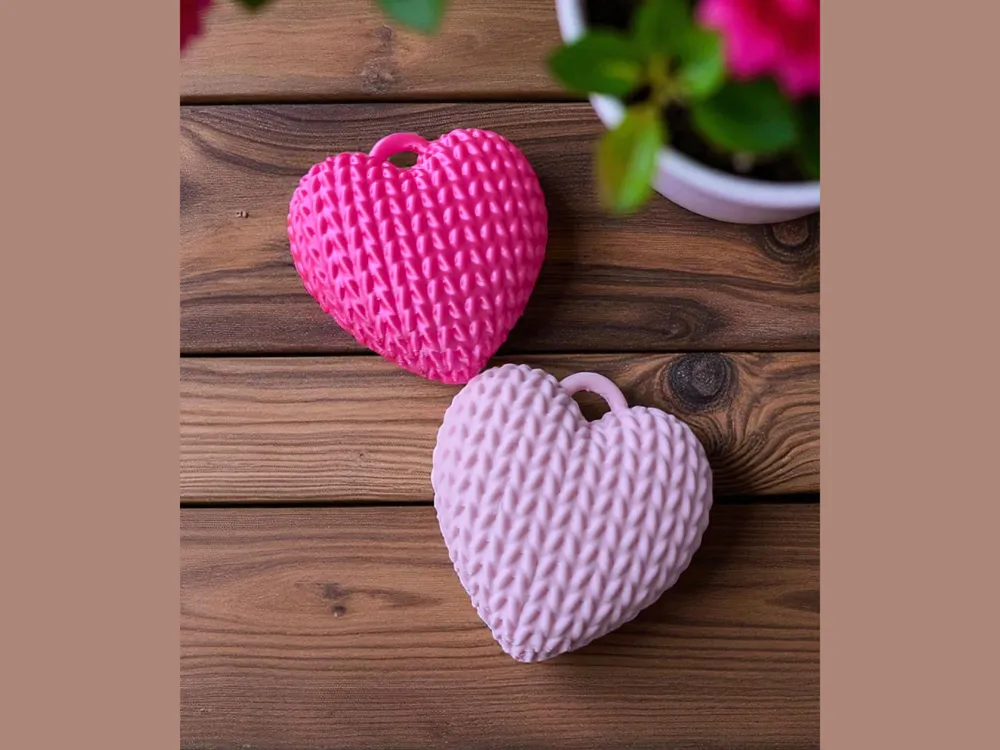 Knitted Heart Keychain - Textured 3D Printed Heart Charm