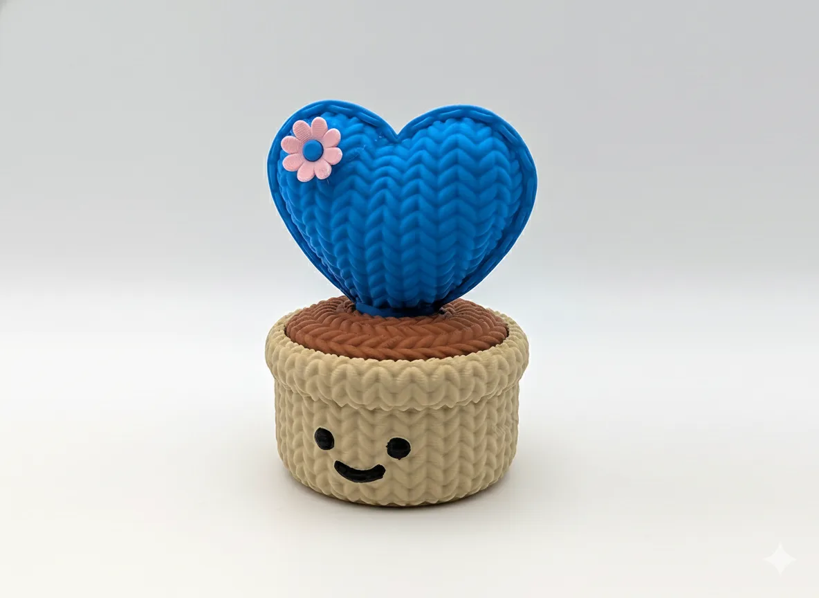 Knitted heart-shaped object with a flower on top and a smiling face on a white background