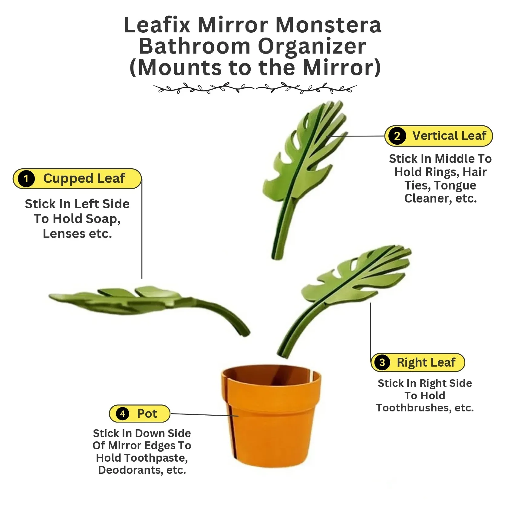 Leafix Mirror Monstera Bathroom Organizer (Mounts to the Mirror)