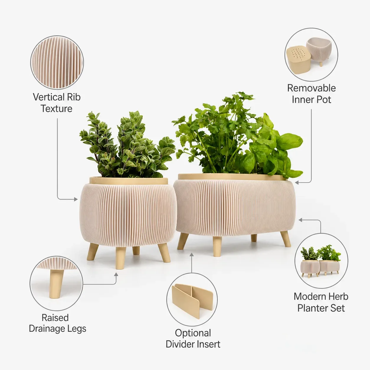 Modern Herb Planter Set with Drainage & Legs (set of 2)