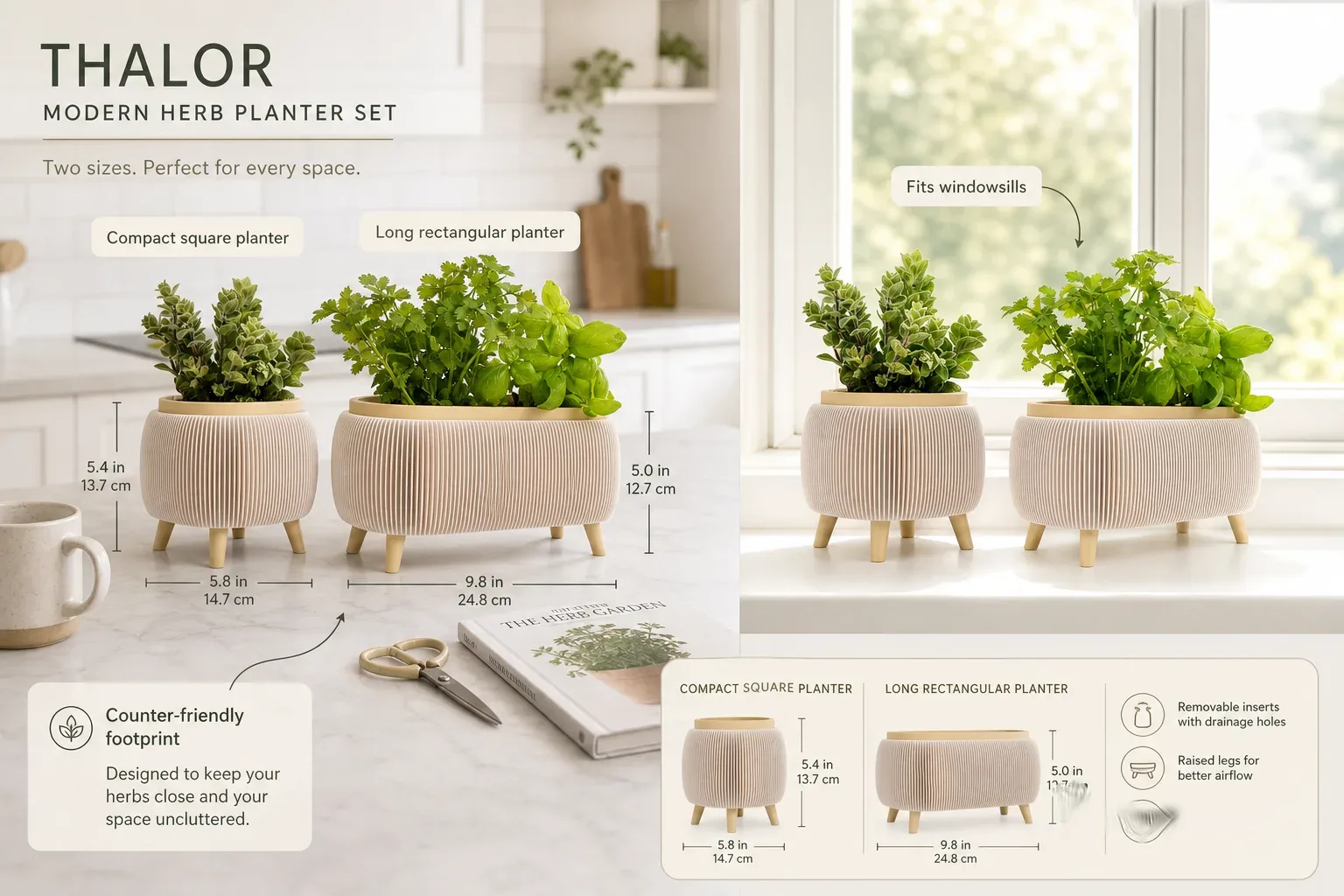 Modern Herb Planter Set with Drainage & Legs (set of 2)
