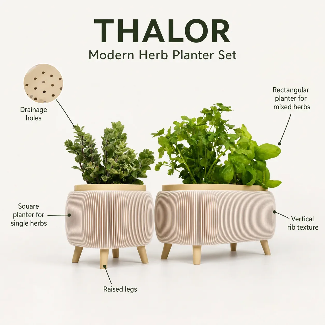 Modern Herb Planter Set with Drainage & Legs (set of 2)
