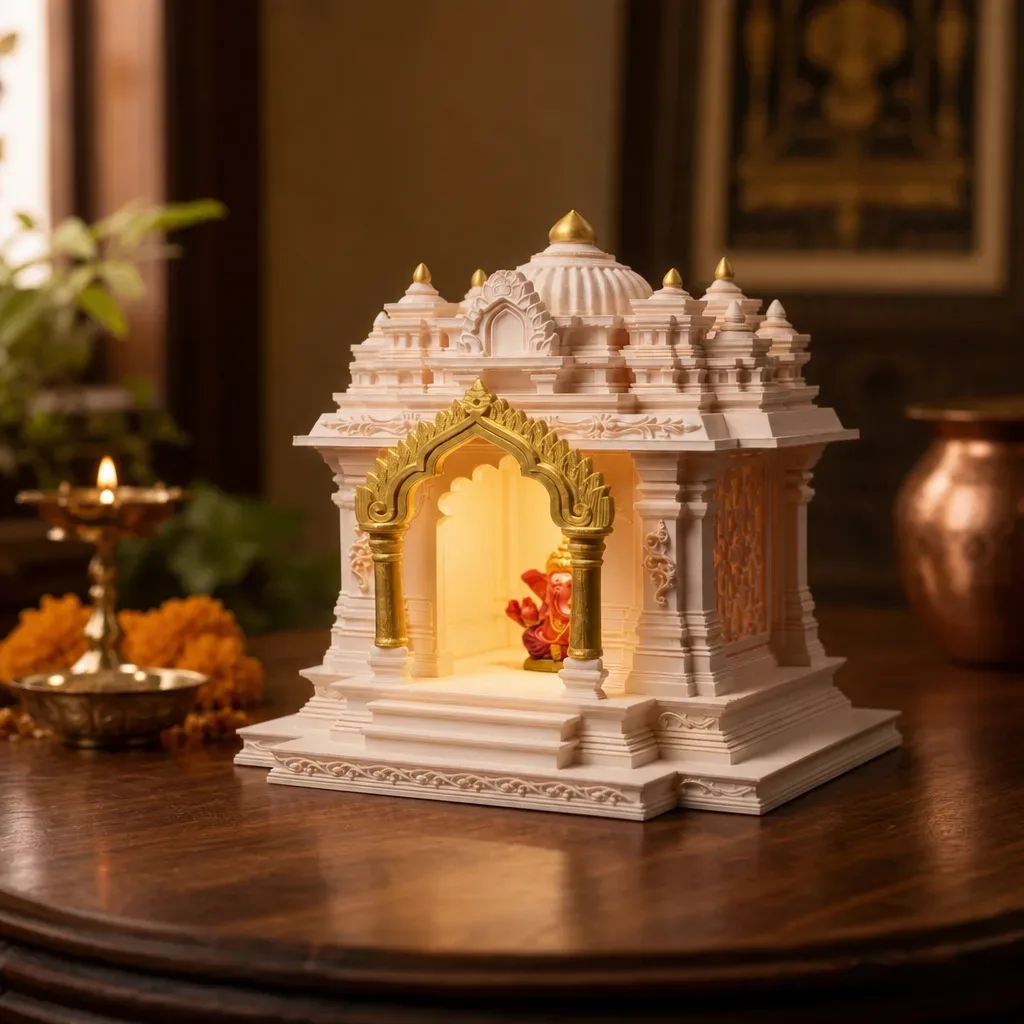 North Indian Temple - Office/Home Table Top Temple with Light (Golden Kalashas & Gate)