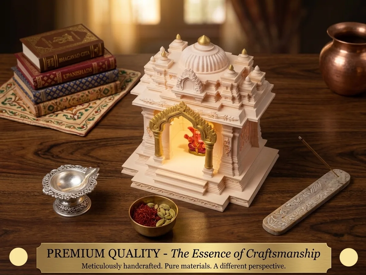 North Indian Temple - Office/Home Table Top Temple with Light (Golden Kalashas & Gate)