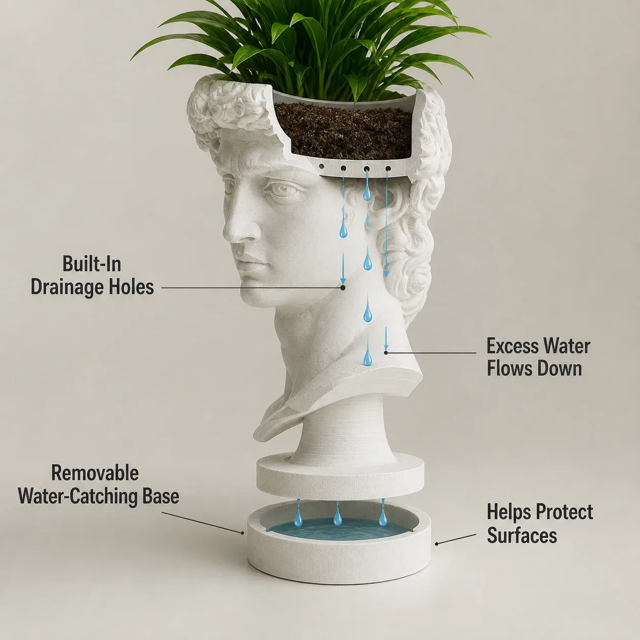 David Bust Planter with Drainage Base