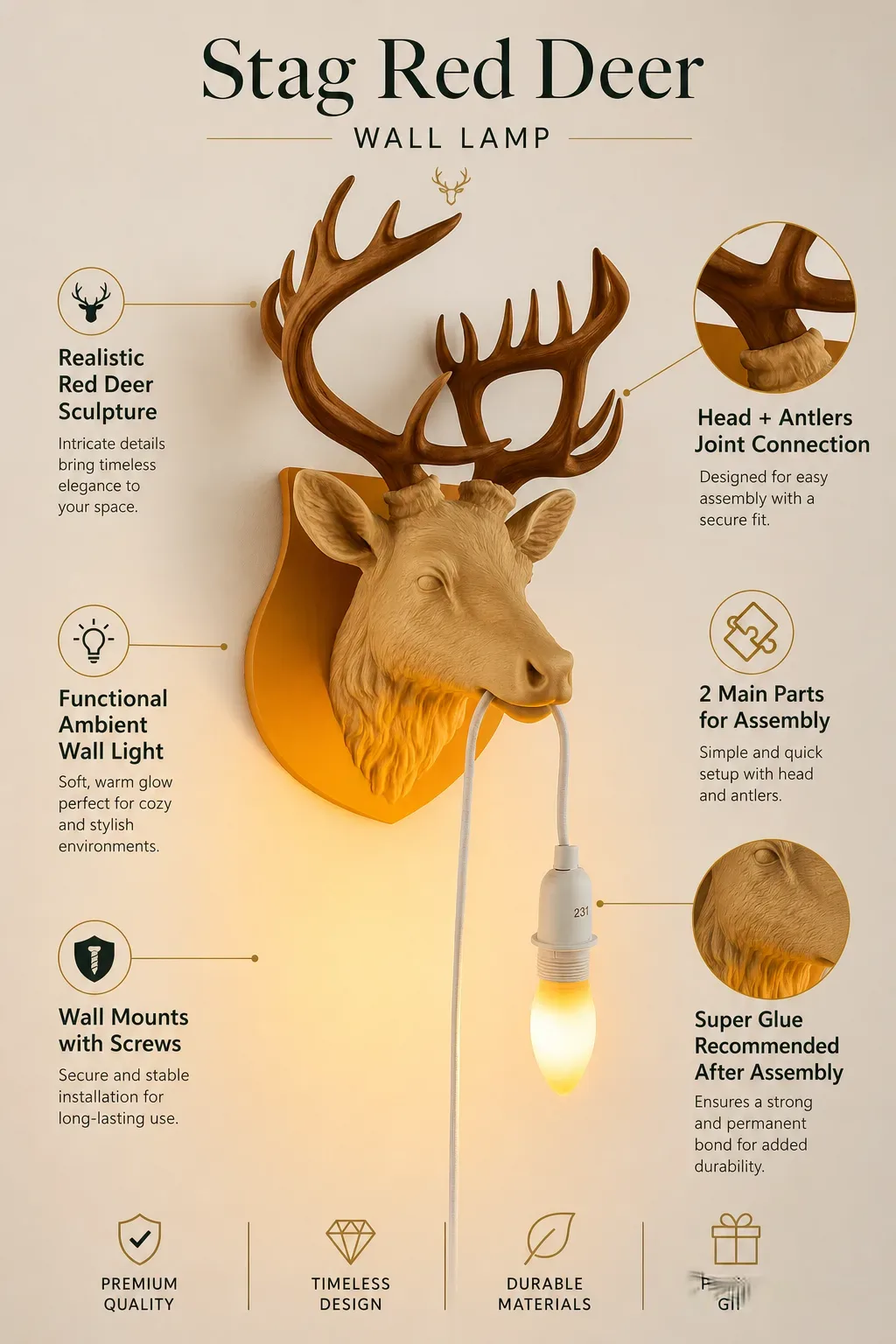 Stag Red Deer Wall Lamp for Cozy Rustic Decor