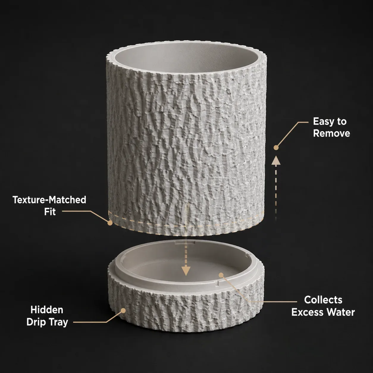 Tree Bark Planter with Hidden Drip Tray