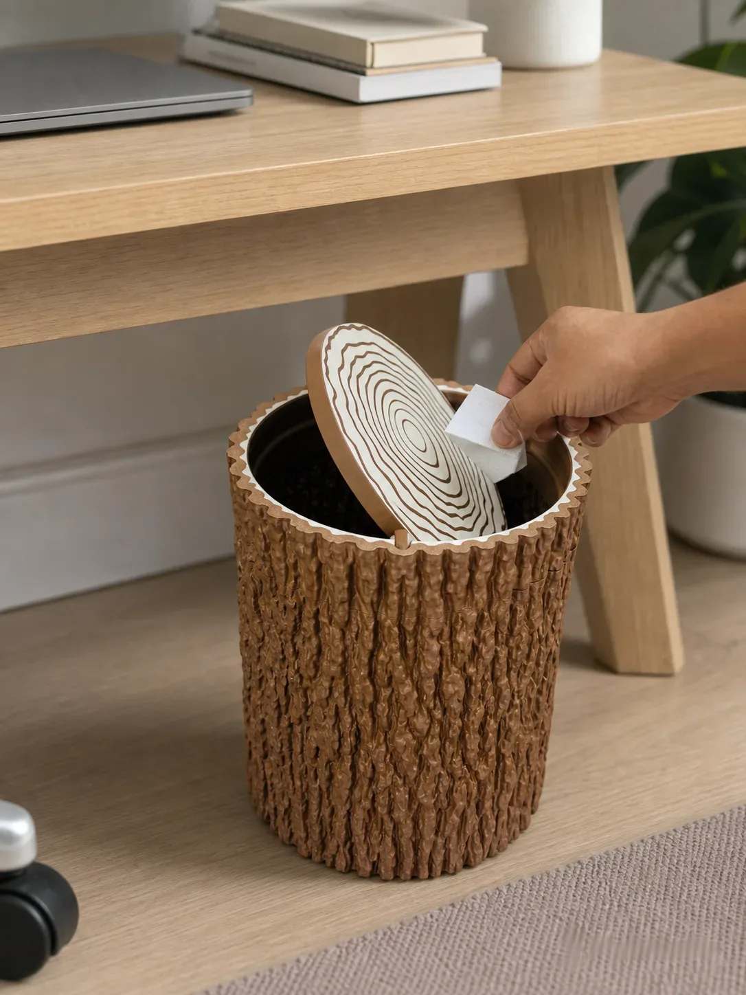Tree Trunk Trash Can with Swing Lid (Wastebasket, Dustbin)