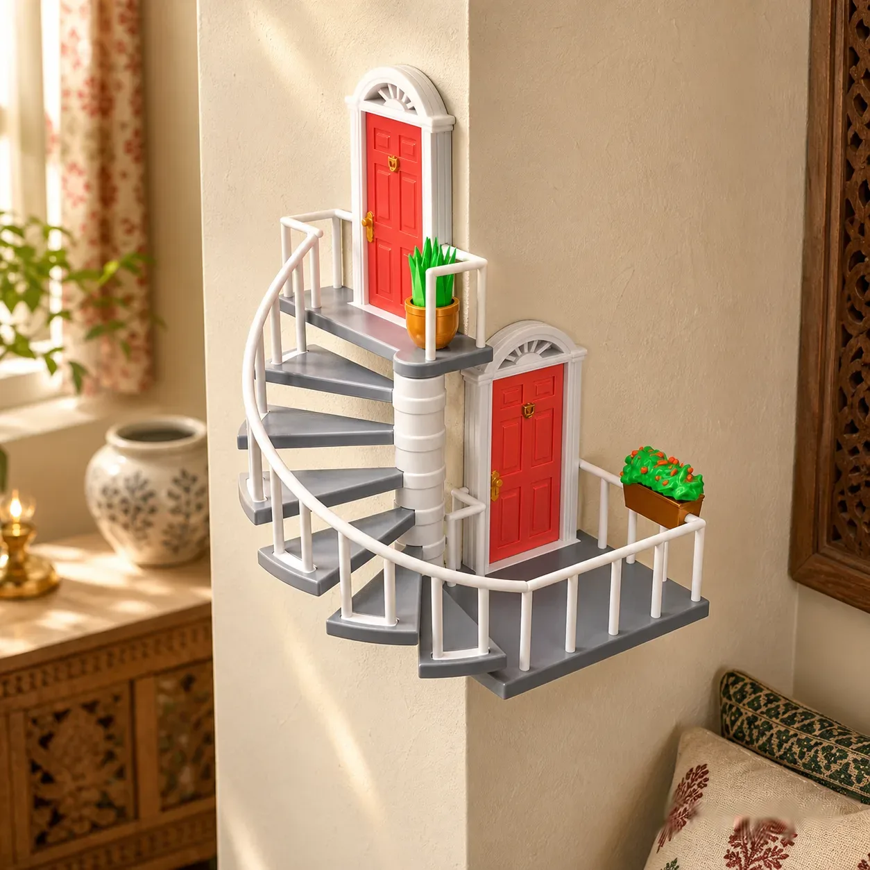 Whimsical Corner Staircase Wall Decor – Space-Saving Art