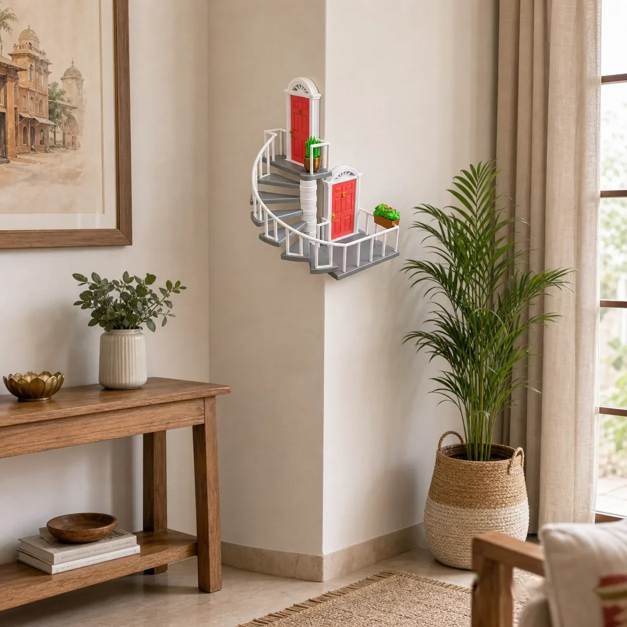 Whimsical Corner Staircase Wall Decor – Space-Saving Art