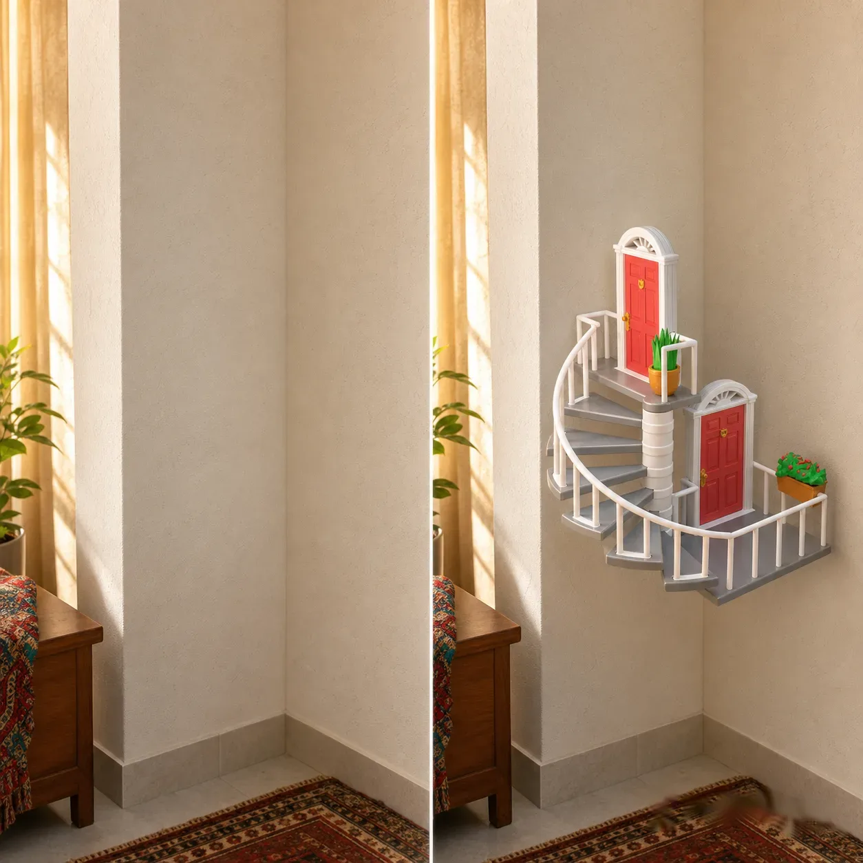 Whimsical Corner Staircase Wall Decor – Space-Saving Art