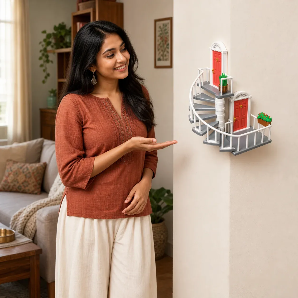 Whimsical Corner Staircase Wall Decor – Space-Saving Art
